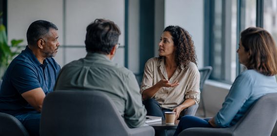 Grupo de profissionais em roda de conversa